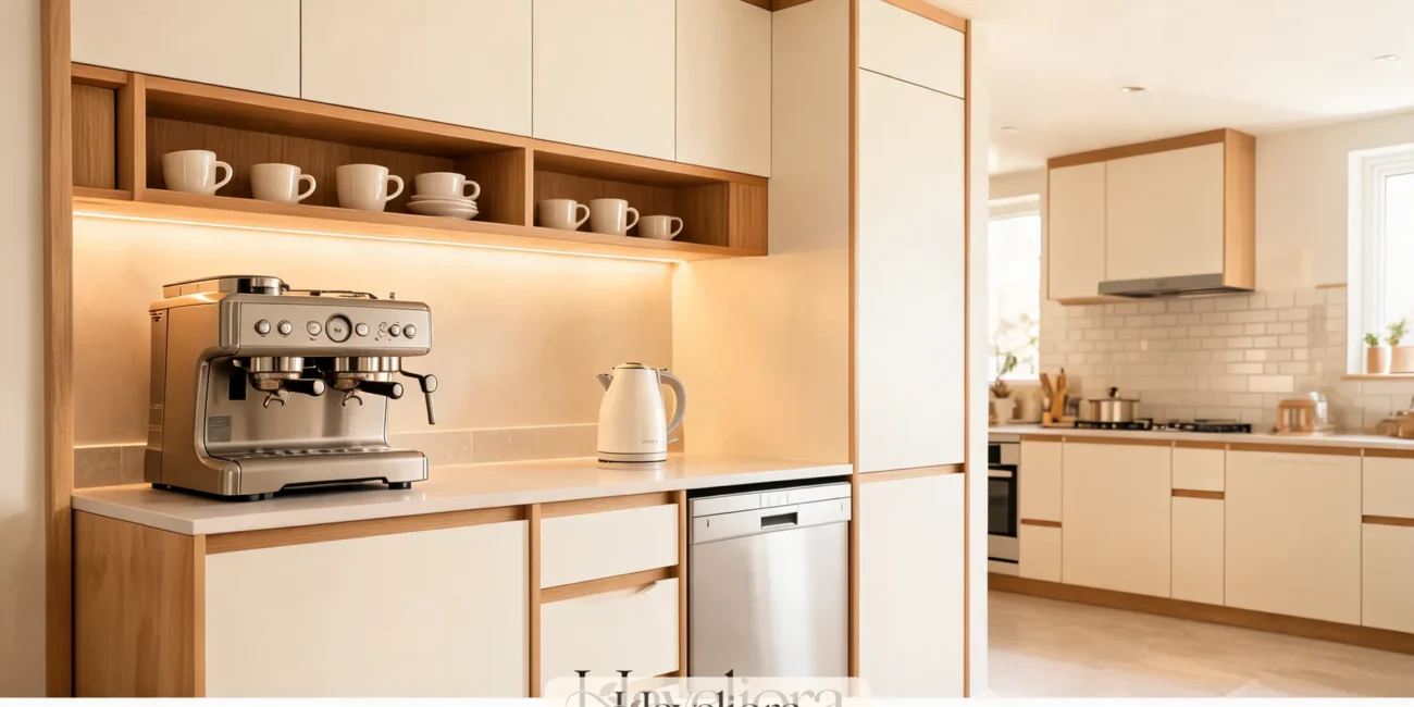 Integrated kitchen beverage station with espresso machine, kettle, mugs and warm task lighting.