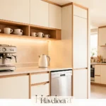 Integrated kitchen beverage station with espresso machine, kettle, mugs and warm task lighting.