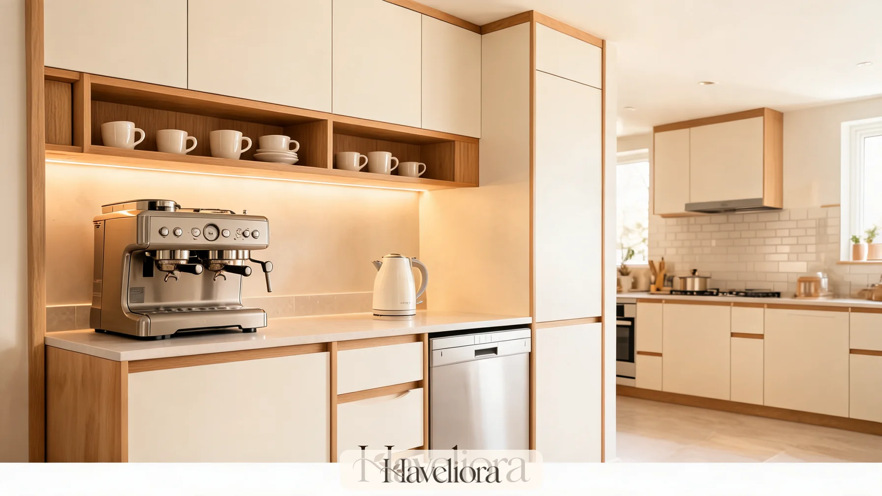 Integrated kitchen beverage station with espresso machine, kettle, mugs and warm task lighting.