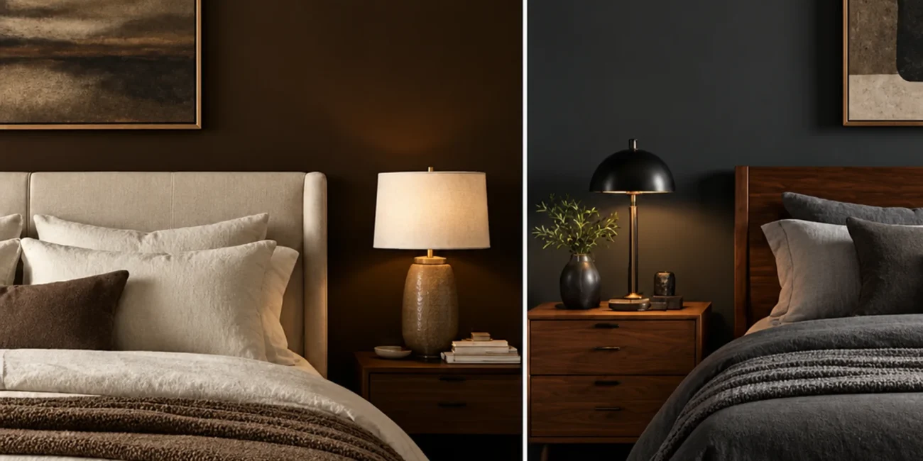 Moody bedroom with deep color and soft layered lighting