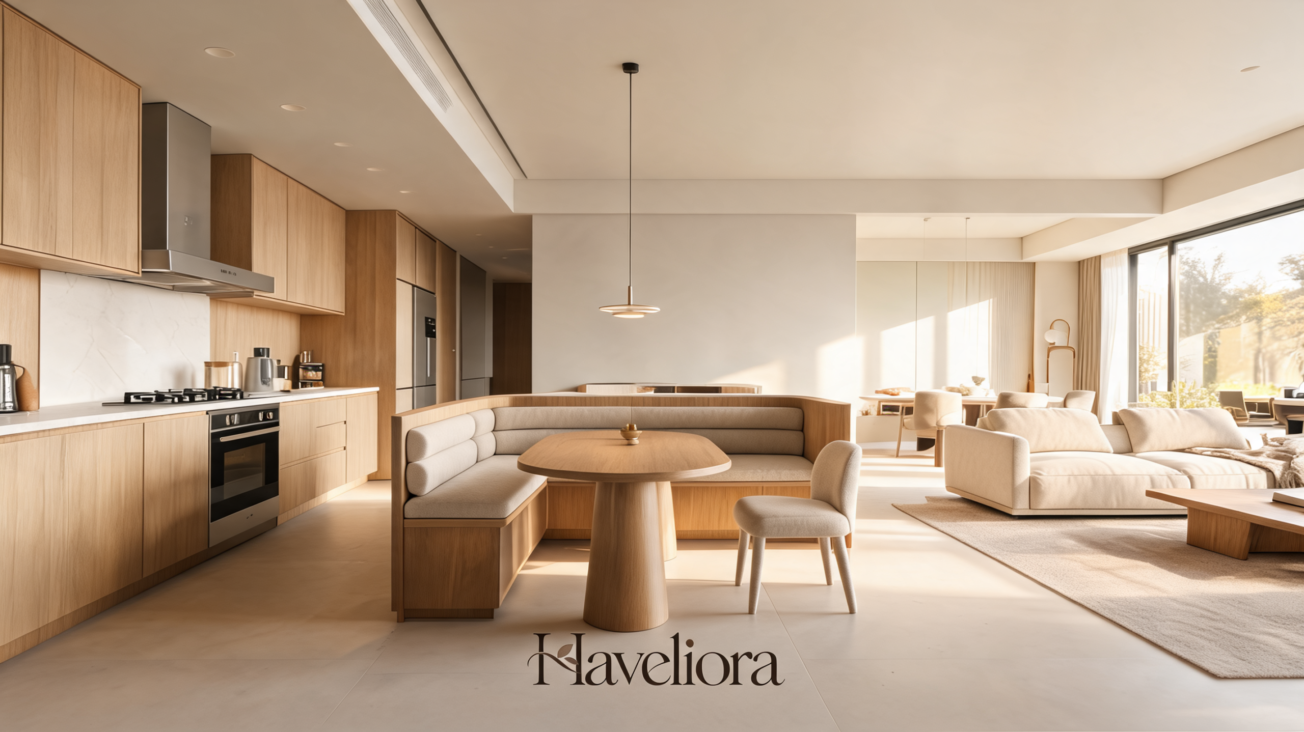 Open-plan kitchen banquette between the kitchen and living area with an oval pedestal table and clear circulation.