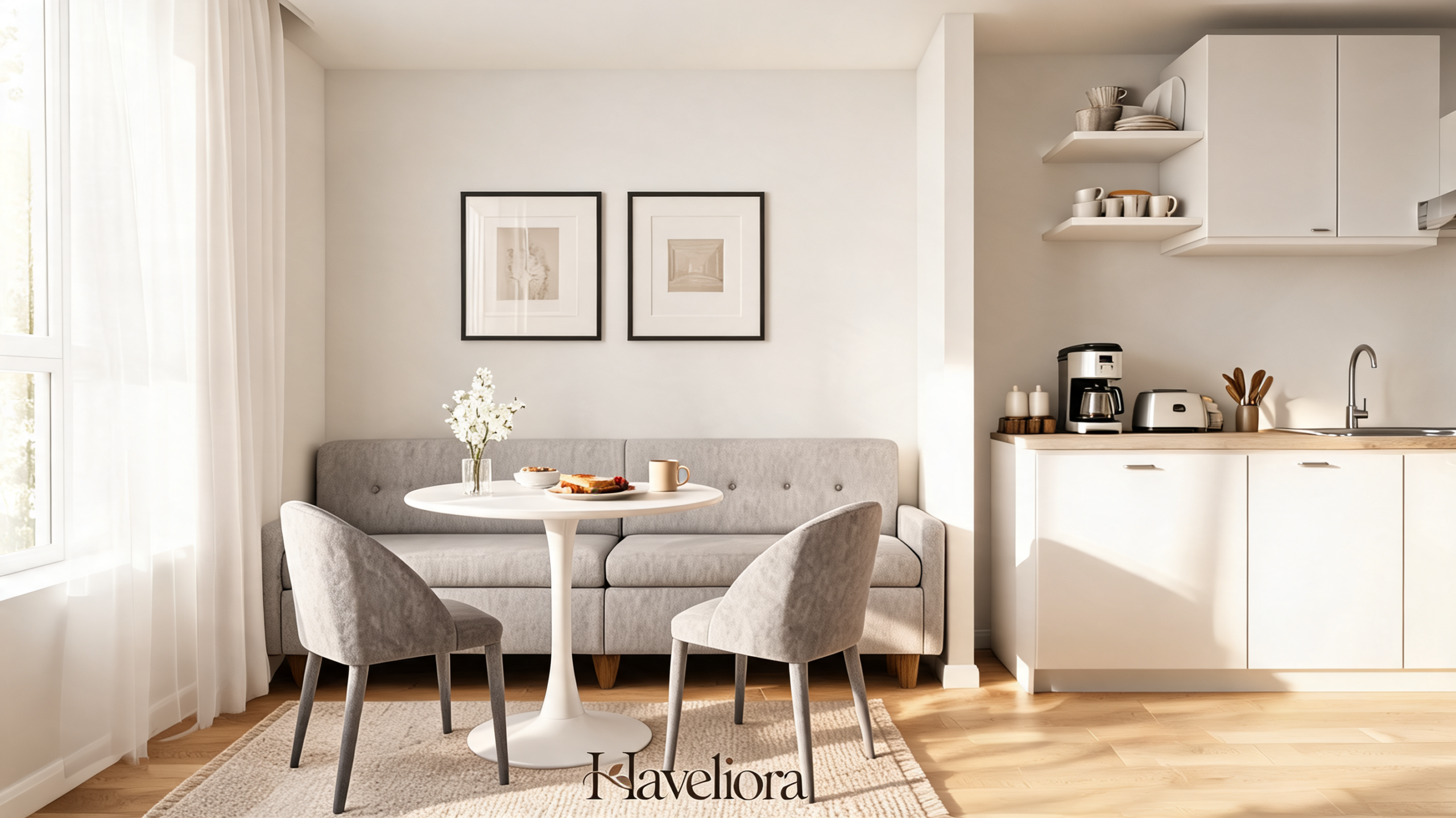 Compact kitchen dining nook using a freestanding upholstered settee, round table and two chairs.