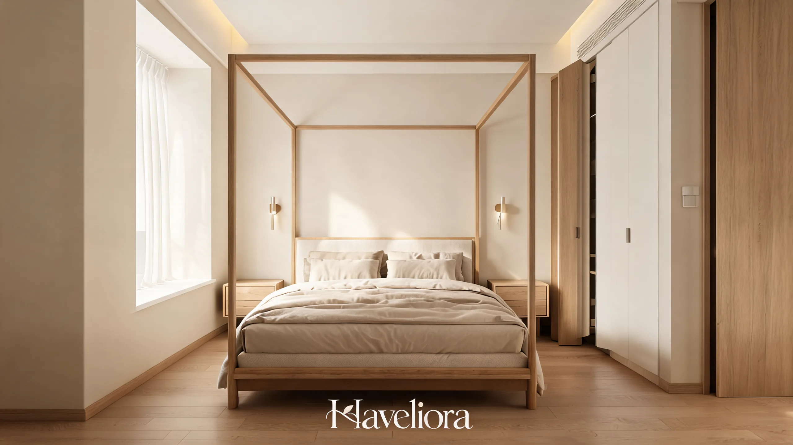 Small bedroom with a slim open four-poster bed, wall-mounted reading lights and compact nightstands.