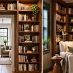 Small home library with efficient shelving and a comfortable reading area