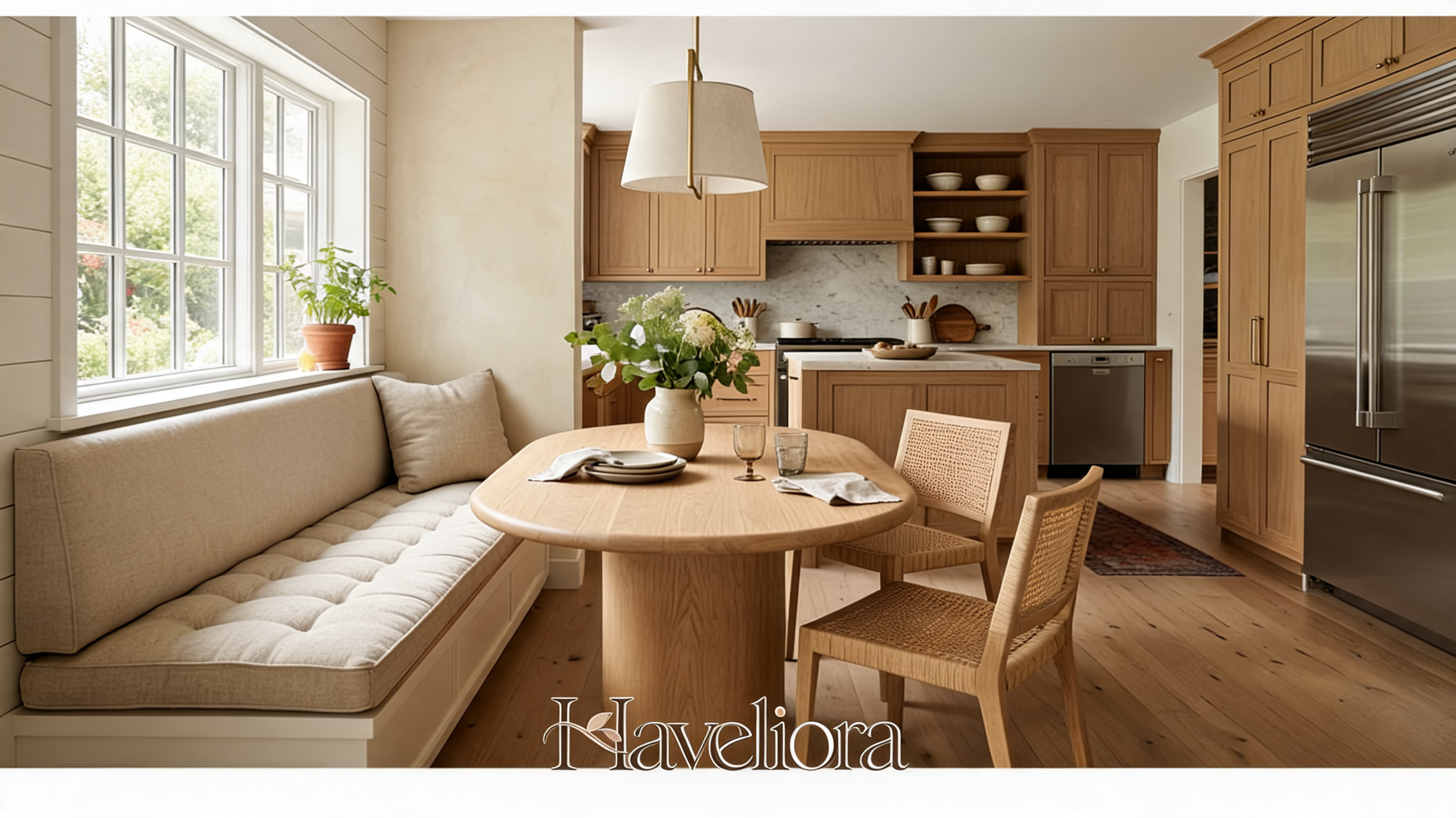 Straight kitchen banquette with an upholstered back, oval pedestal table and two loose chairs beside the work zone.