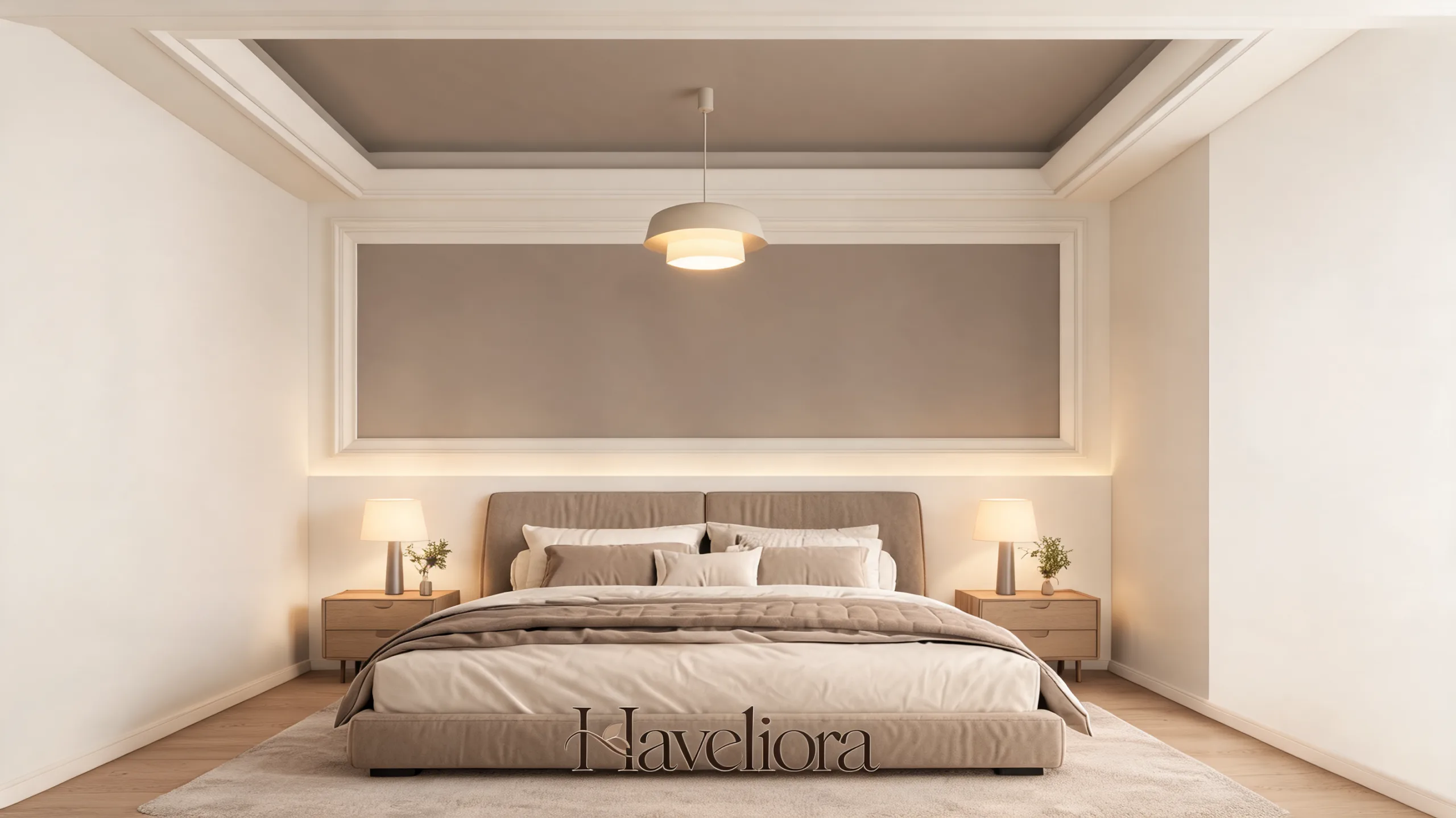 Bedroom with a shallow tray ceiling, warm taupe center and layered bedside lighting.