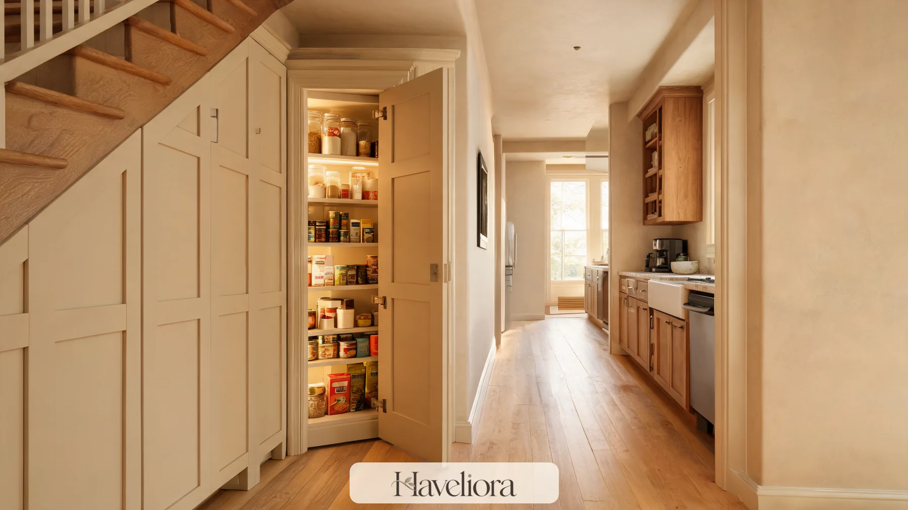 Paneled doors blending into a hallway wall to illustrate a quiet concealed utility zone.