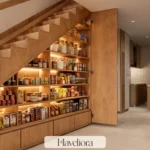 Under-stairs pantry with custom storage following the stair slope, illuminated shelves and low drawers.