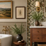 Warm bathroom with natural materials, art, and soft neutral color