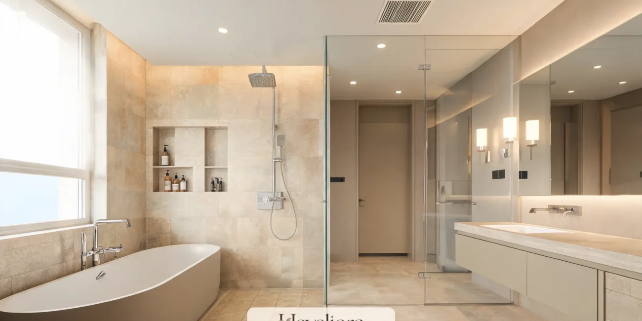 Sophisticated wet room with an open shower and freestanding tub sharing a waterproofed zone beside a dry vanity.