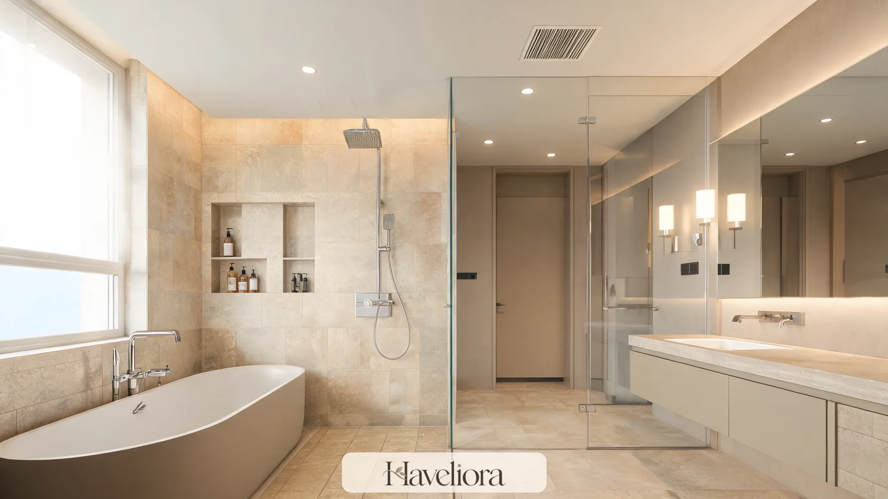 Sophisticated wet room with an open shower and freestanding tub sharing a waterproofed zone beside a dry vanity.