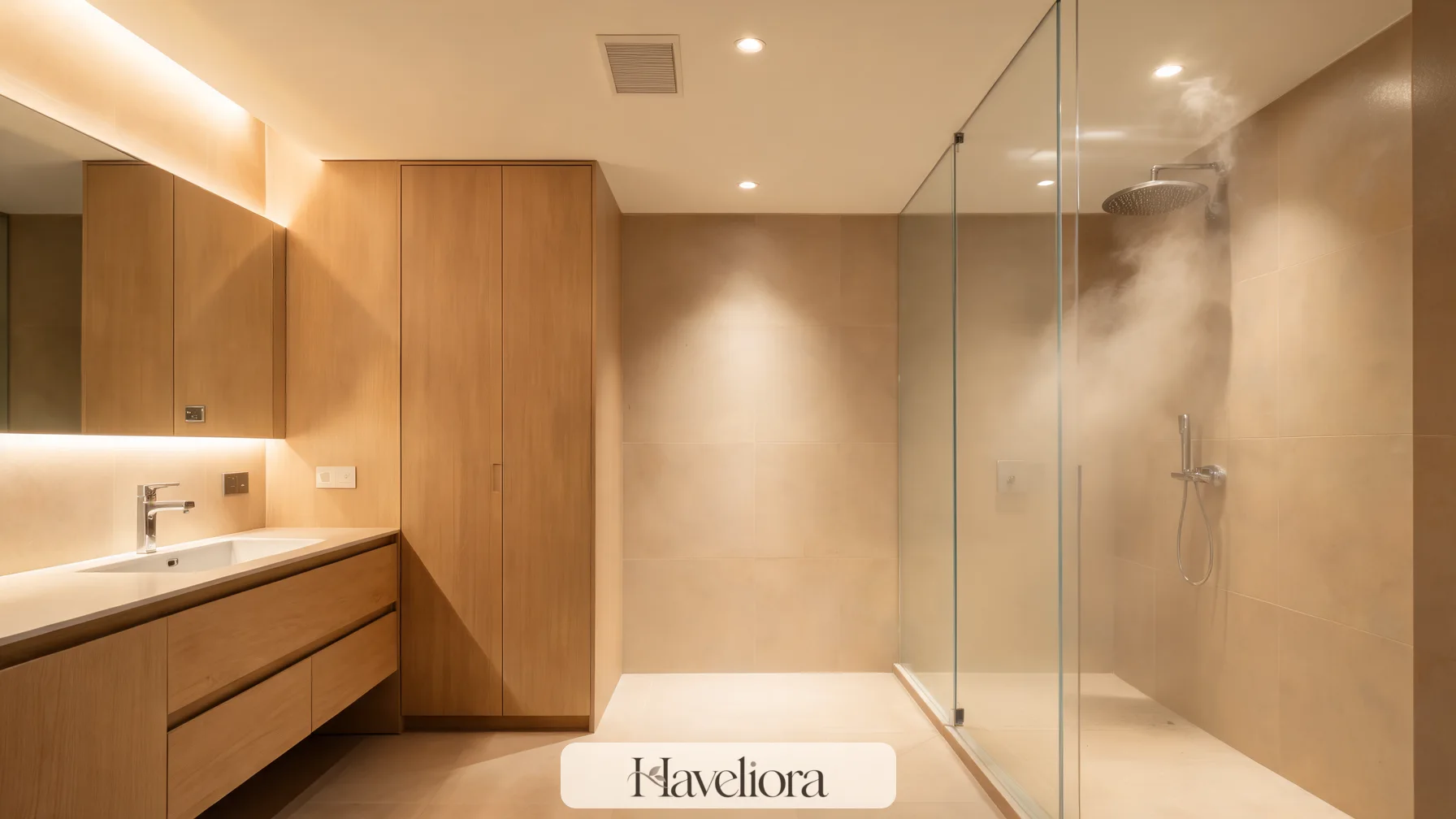 Warm wet room with a tall closed linen cabinet and floating wood vanity outside the splash zone.
