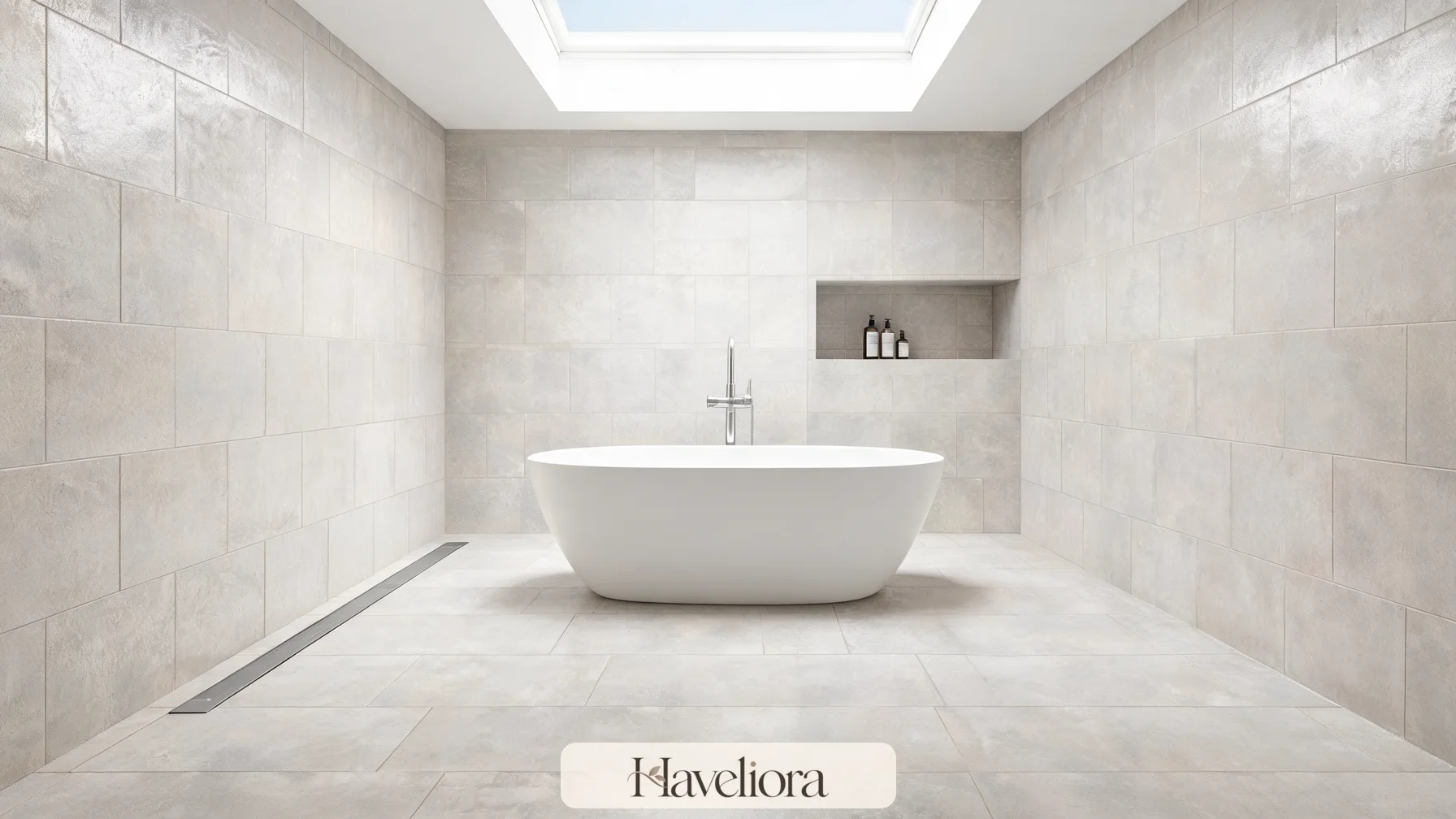 Freestanding oval bathtub inside a tiled wet zone with enough clearance for cleaning and a linear drain nearby.