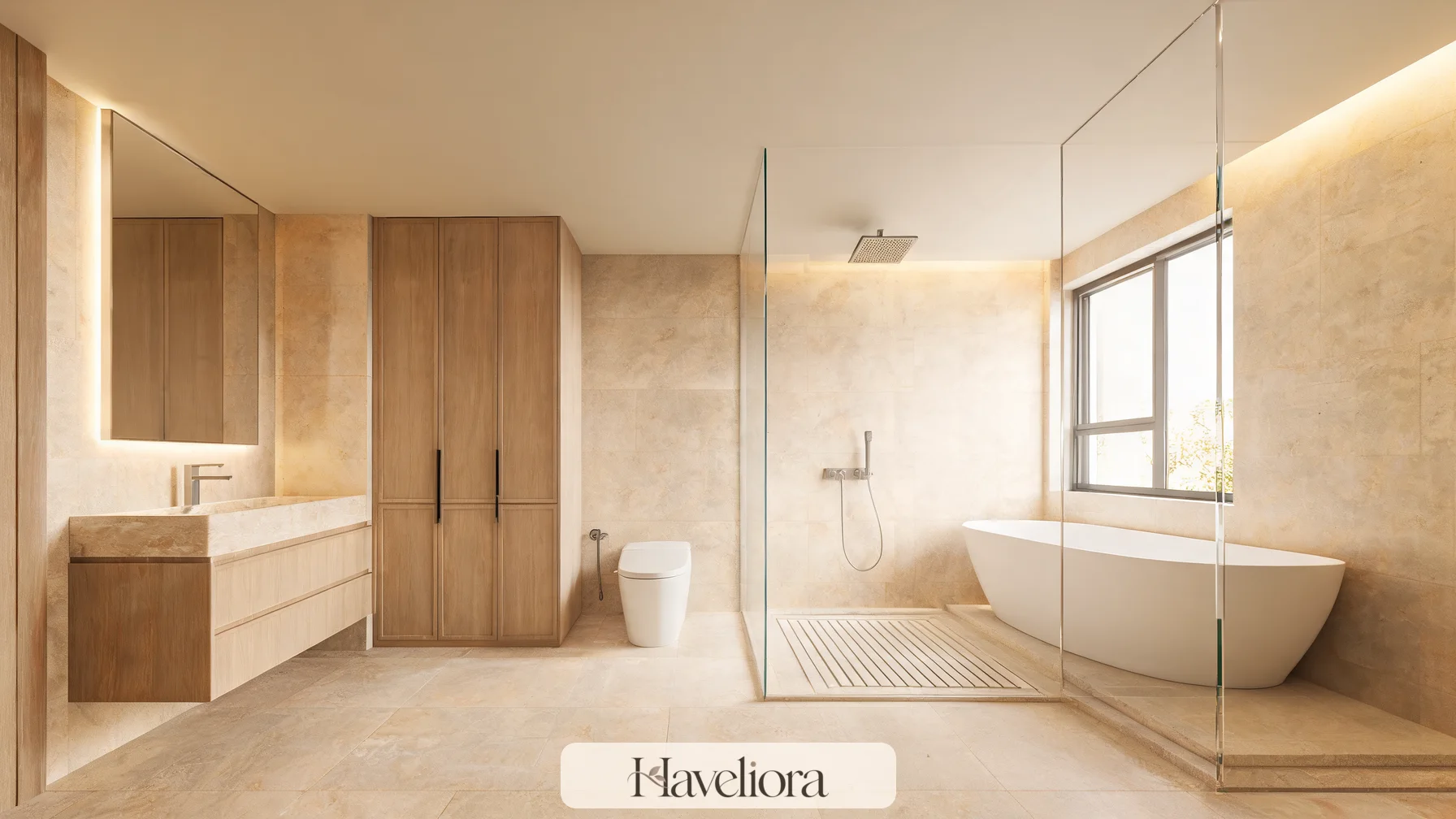 Wet room showing the shower and freestanding tub behind a single glass panel with vanity and toilet in a drier zone.