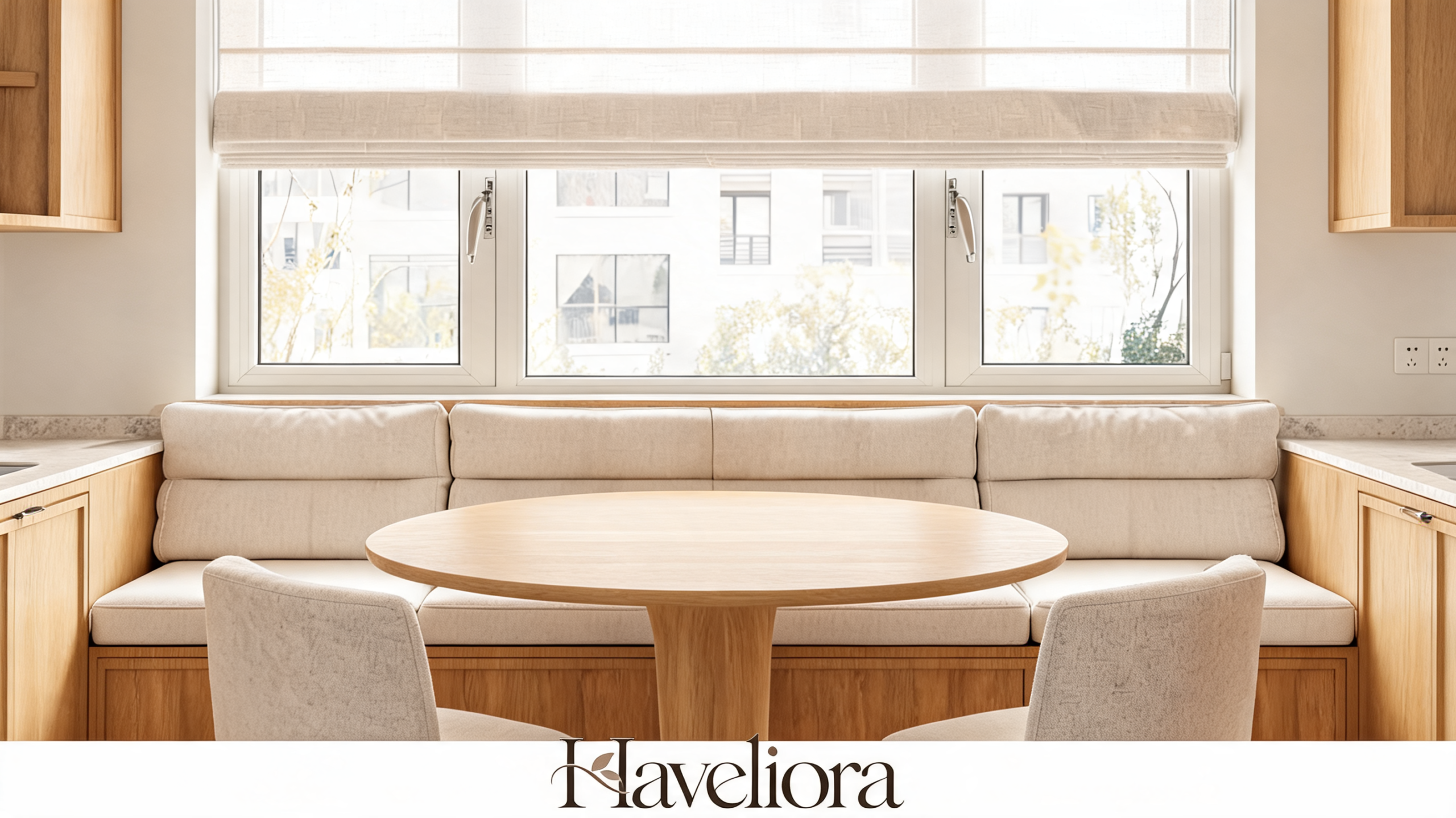 Kitchen window banquette with removable cushions, a round pedestal table, two chairs and an operable Roman shade.