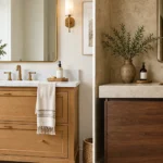 Wood bathroom vanity adding warmth to a calm bathroom