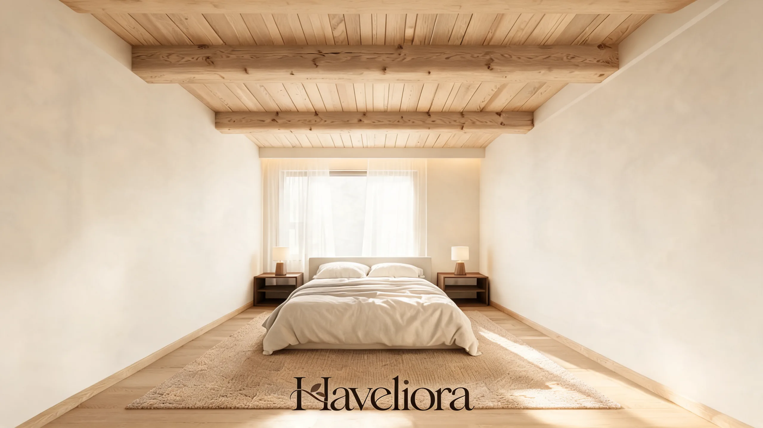 Bedroom with a pale oak plank ceiling, two exposed beams and simple warm neutral furnishings.